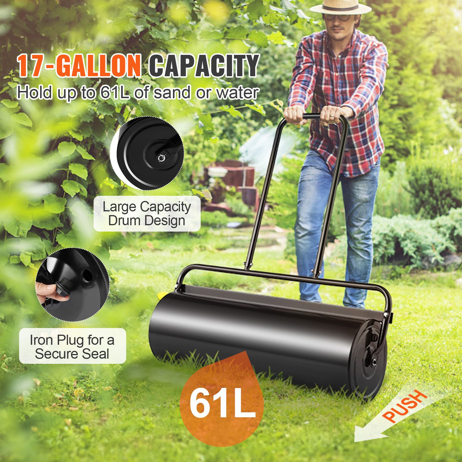 Lawn Roller, 17 Gallon 36 Inch Sand/Water Filled Yard Roller, Steel Sod Roller with Easy-turn Plug and U-Shaped Ergonomic Handle for Convenient Push — image 2