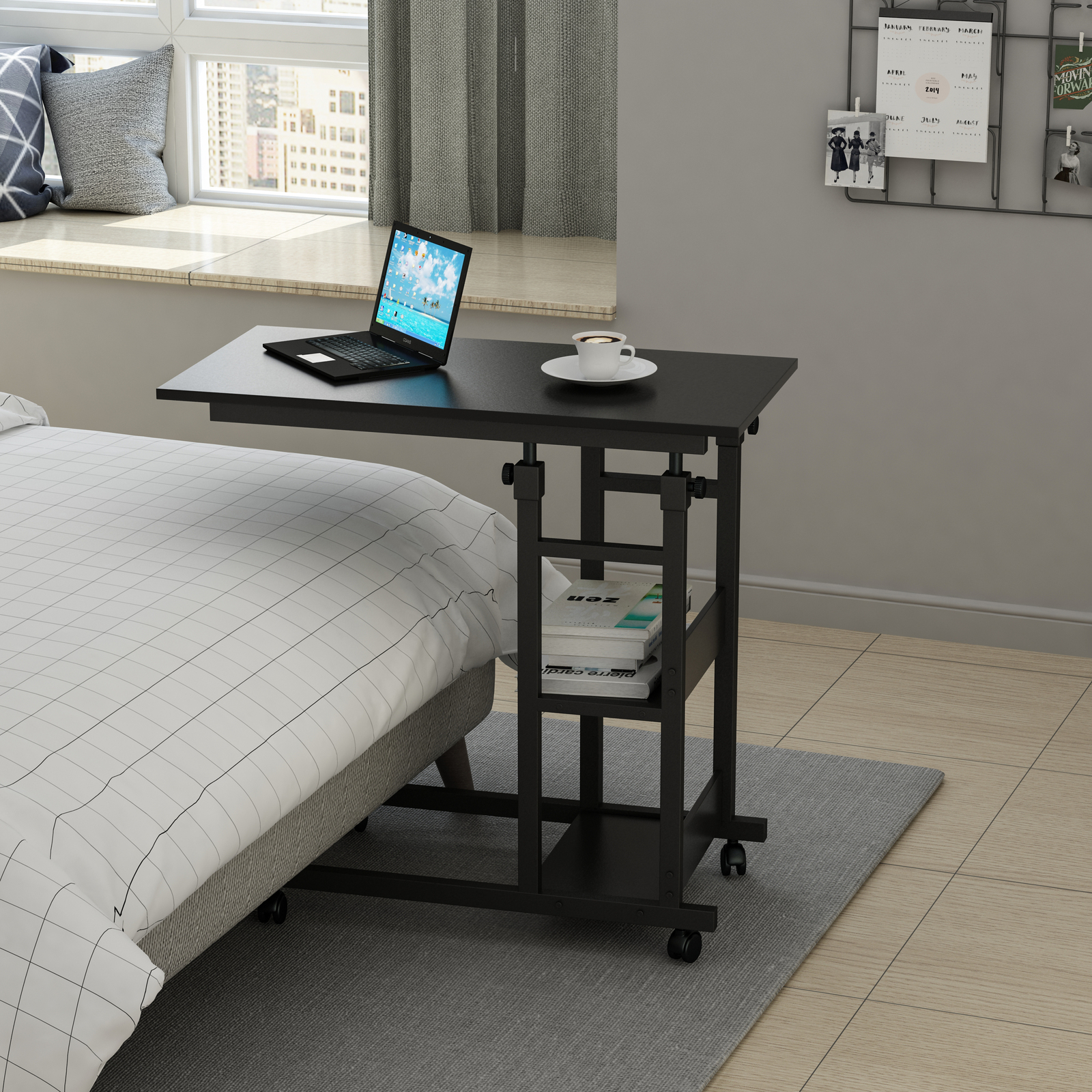 YES4HOMES Side Table with Storage Shelves, Height Adjustable Sofa Couch Coffee End Table Bedside Table Laptop Desk with Wheels โ image 2