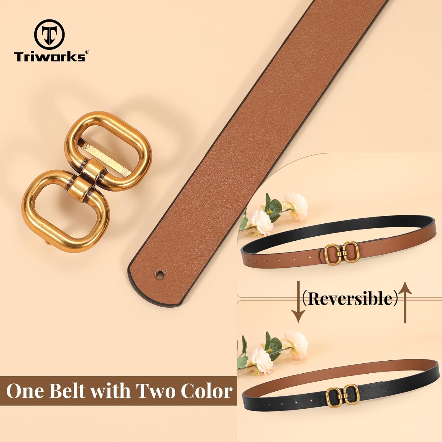 Reversible Leather Belt for Women with Gold Buckle Ladies Leather Belt for Jeans Pants โ image 2