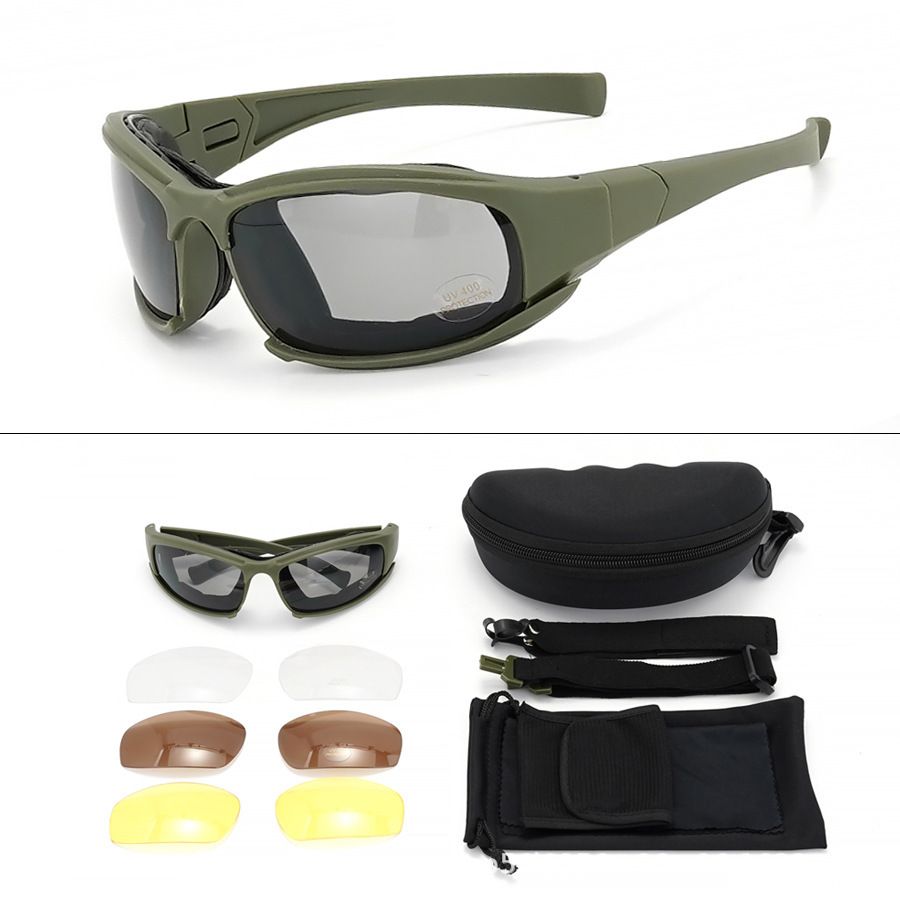 Dark Green Tactical Protection Goggles with Storage Box and Elastic Straps (PC 4-Lens Set) - Windproof, Dustproof, UV Protection for Cycling, Tactical shooting
