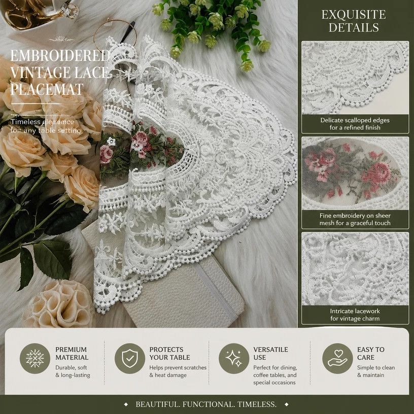 Delicate Ruffled Embroidery Table Mat Combo, Apricot Off White, Size L 31*42CM, 2 Pcs ā image 6