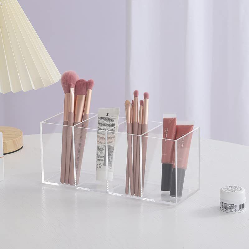 Acrylic pen holder with 4 compartments, transparent pencil storage cup, used for storing desktop office accessorie — image 3