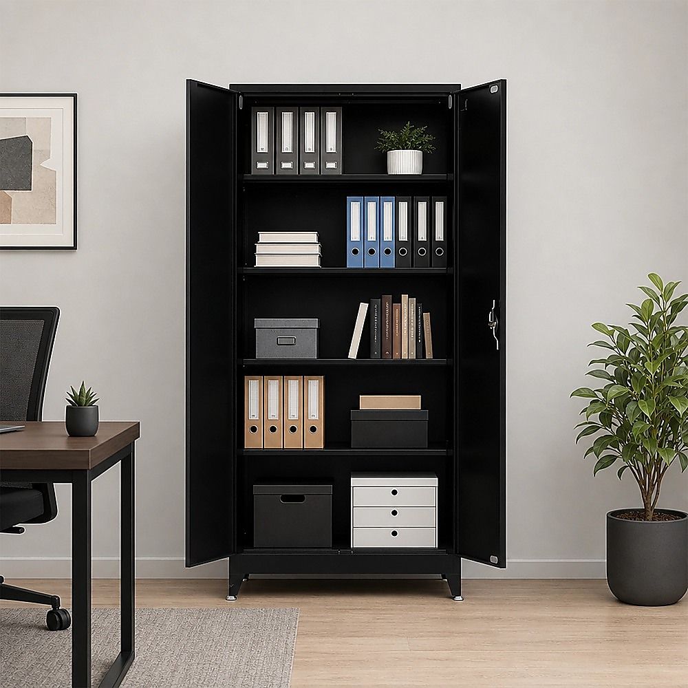Black Two Door Metal Storage Cabinet with Legs Adjustable Shelf Lockable Steel Cupboard for Home Office Gym — image 3