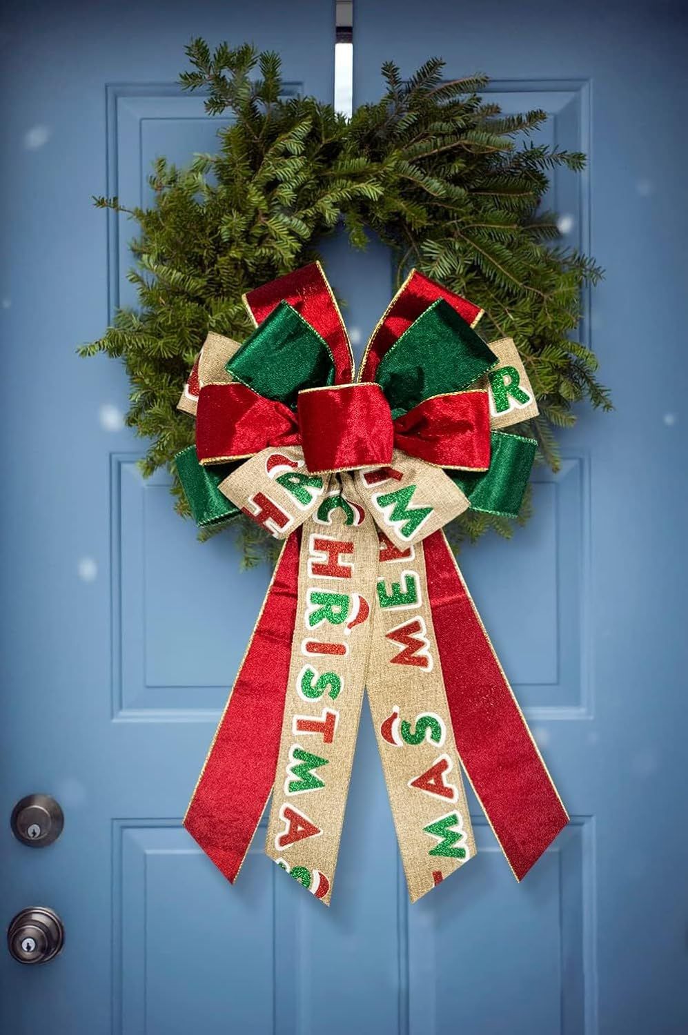 Large Christmas Bow for Wreath, Green Red Velvet Bows for Front Door Wall Fence Decor, Merry Christmas Words Wreath Bow Tree Topper Bow for Winter Christmas โ image 4