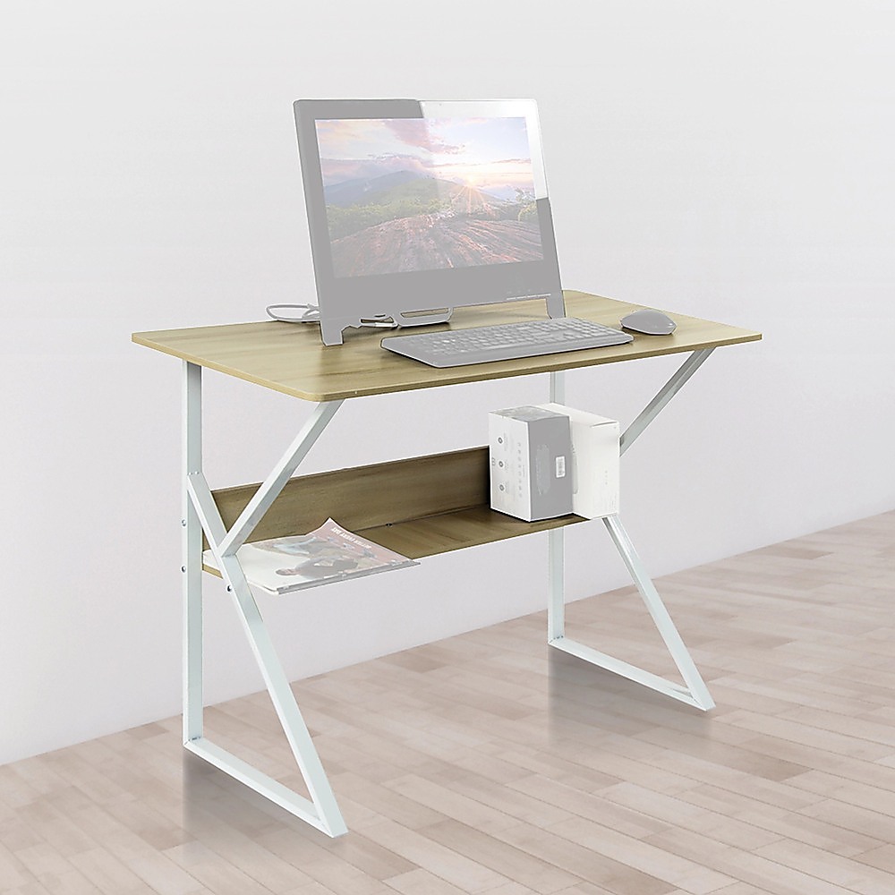 Wood & Metal Computer Desk with Shelf Home Office Furniture — image 2