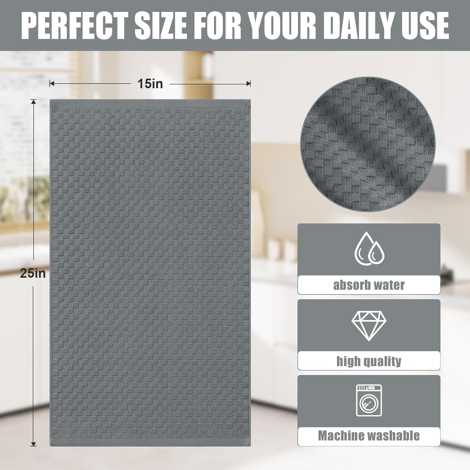 Homaxy Round Table Placemats Set of 6, Washable Wedge Shaped Faux Leather Table Mats and Terry Kitchen Towels(15" x 25", 6 Pack, Dark Grey) — image 3