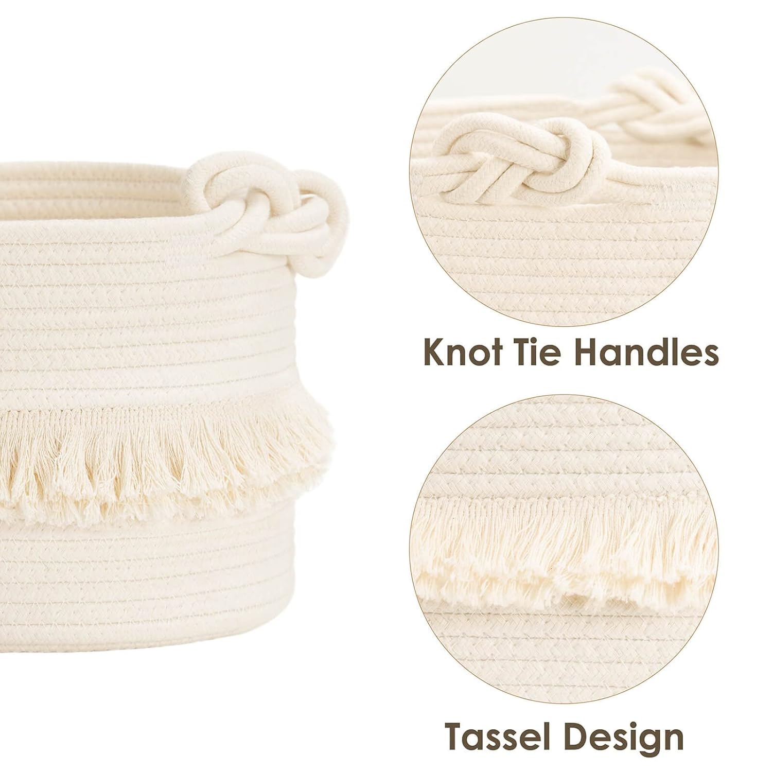 Cotton Storage Basket with Tassels 18x24cm White Decorative Woven Organizer for Bedroom Living Room Kids Room Boho Style — image 3