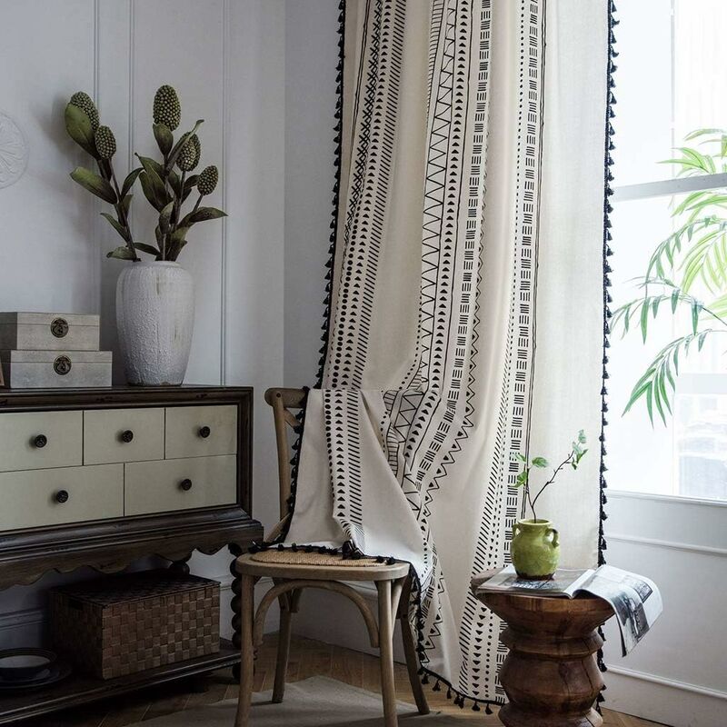 1 Panel Bohemian Curtains Cotton Linen Black Tassel Curtains For Living ROom Bedroom (White, 150 × 180 Cm) — image 2
