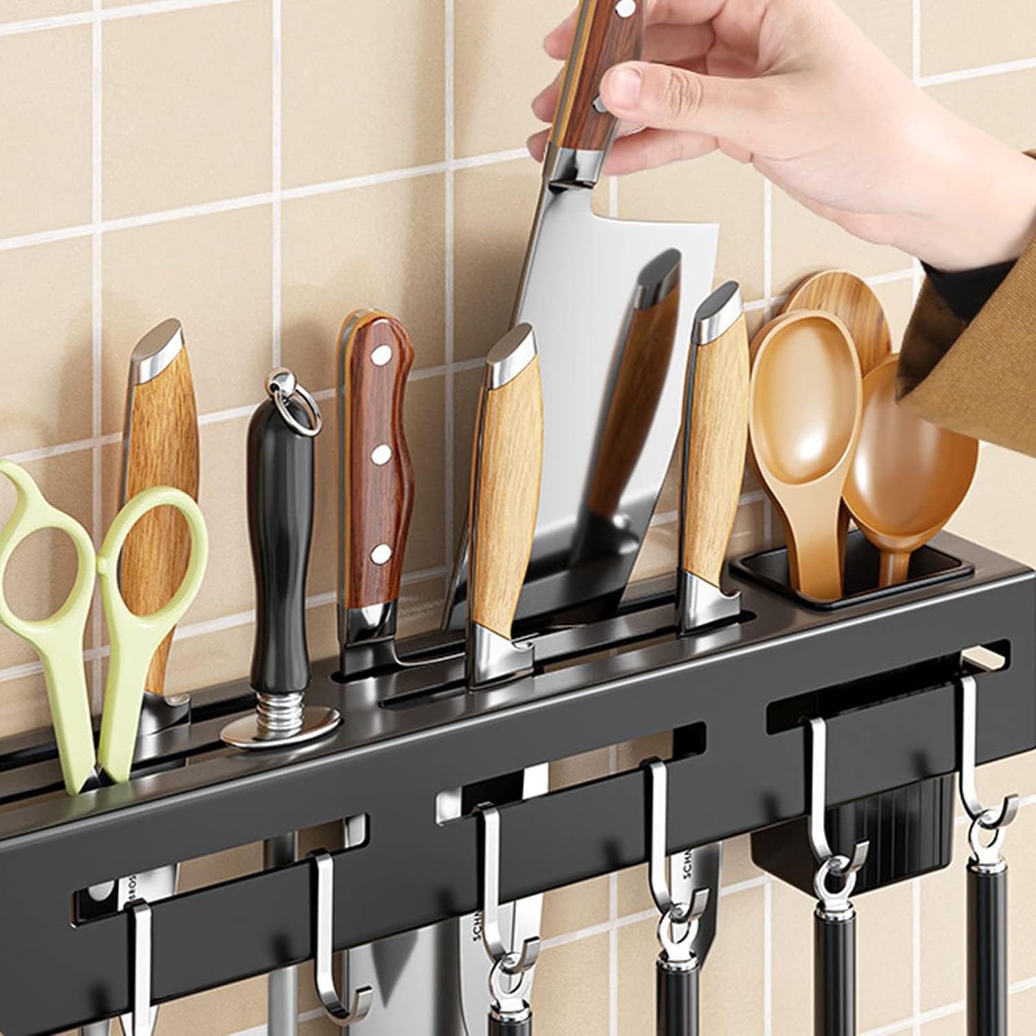 Self-Adhesive Kitchen Rail with 6 Hooks, No-Drill Wall Mount Utensil and Towel Hanging Rack for Kitchen Storage, Black โ image 4