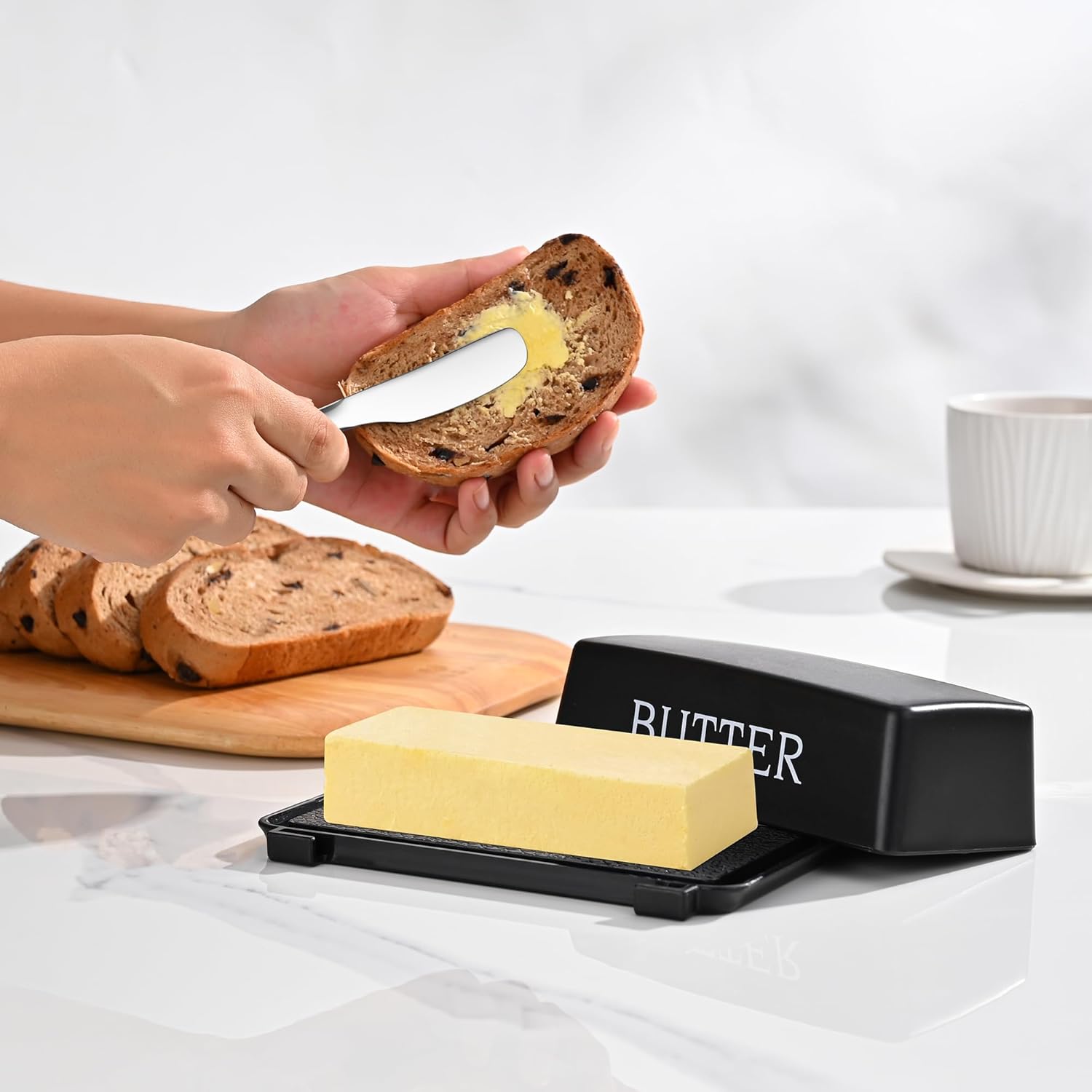 Butter Dish With Cover And Knife,Food Grade Plastic Butter Holder With Lid For Countertop,Black Dishwasher Safe Butter Storage Container — image 6