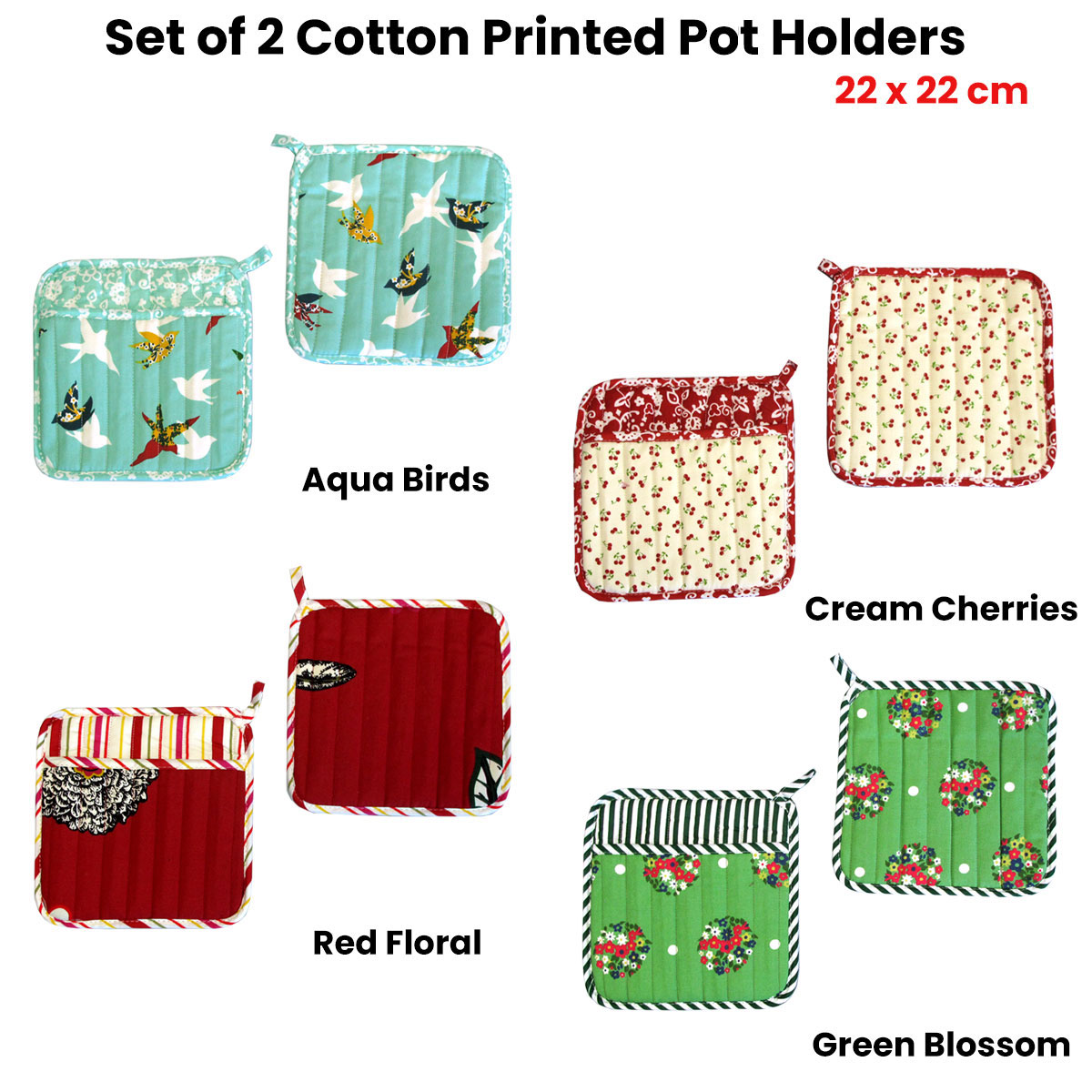 Set of 2 100% Cotton Printed Pot Holders 22 x 22 cm Green Blossom โ image 3