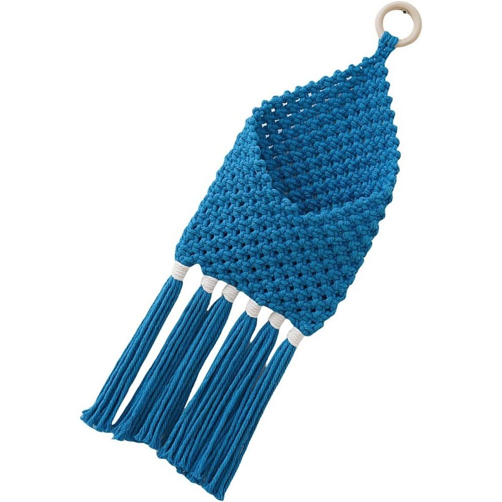 Handwoven Cotton Tassels Wall Hanging Basket Organizers Pocket For Dried Flower Mail Holder Nursery Home Decoration Wall Hanging Basket(Blue) — image 3