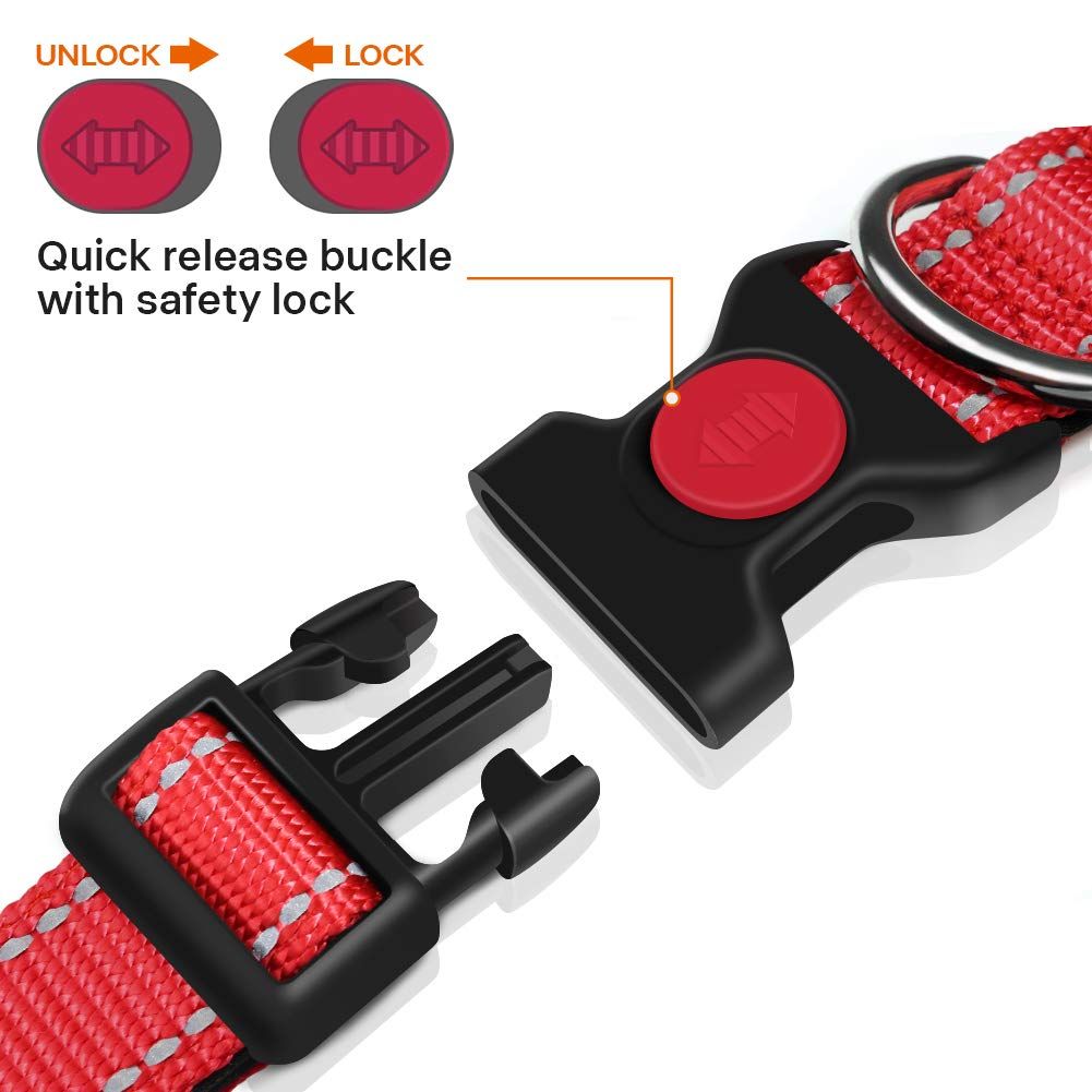 Reflective Dog Collar with Safety Locking Buckle, Adjustable Nylon Pet Collars for Large Dogs Female Male, Red — image 3