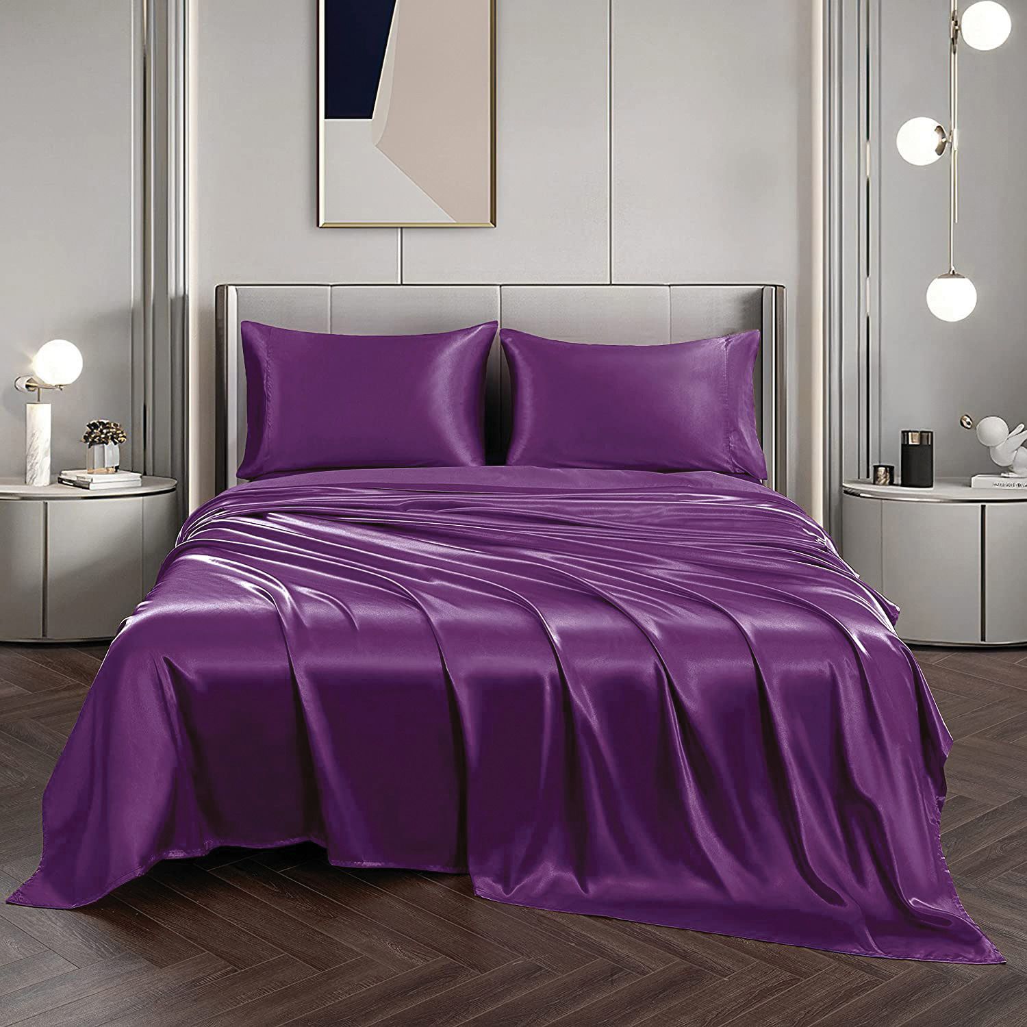 Art Silk Satin Sheet Set Hotel 4 Pieces Fitted/Flat Sheet Bedding Set-Luxury Soft Silky Sheets for Hair and Skin, Similar to Silk Bed Sheets Set 4