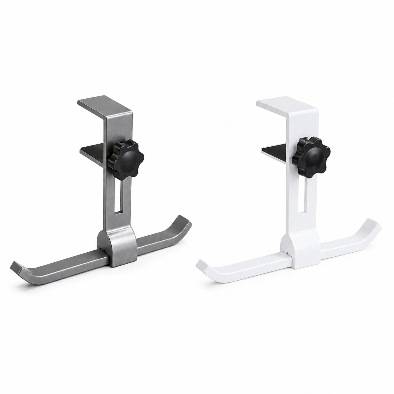 2 pack White and Grey Aluminium Desk Edge Hook - Adjustable Clamp-On Bag Hanger For School And Office - Space Saving Storage Solution