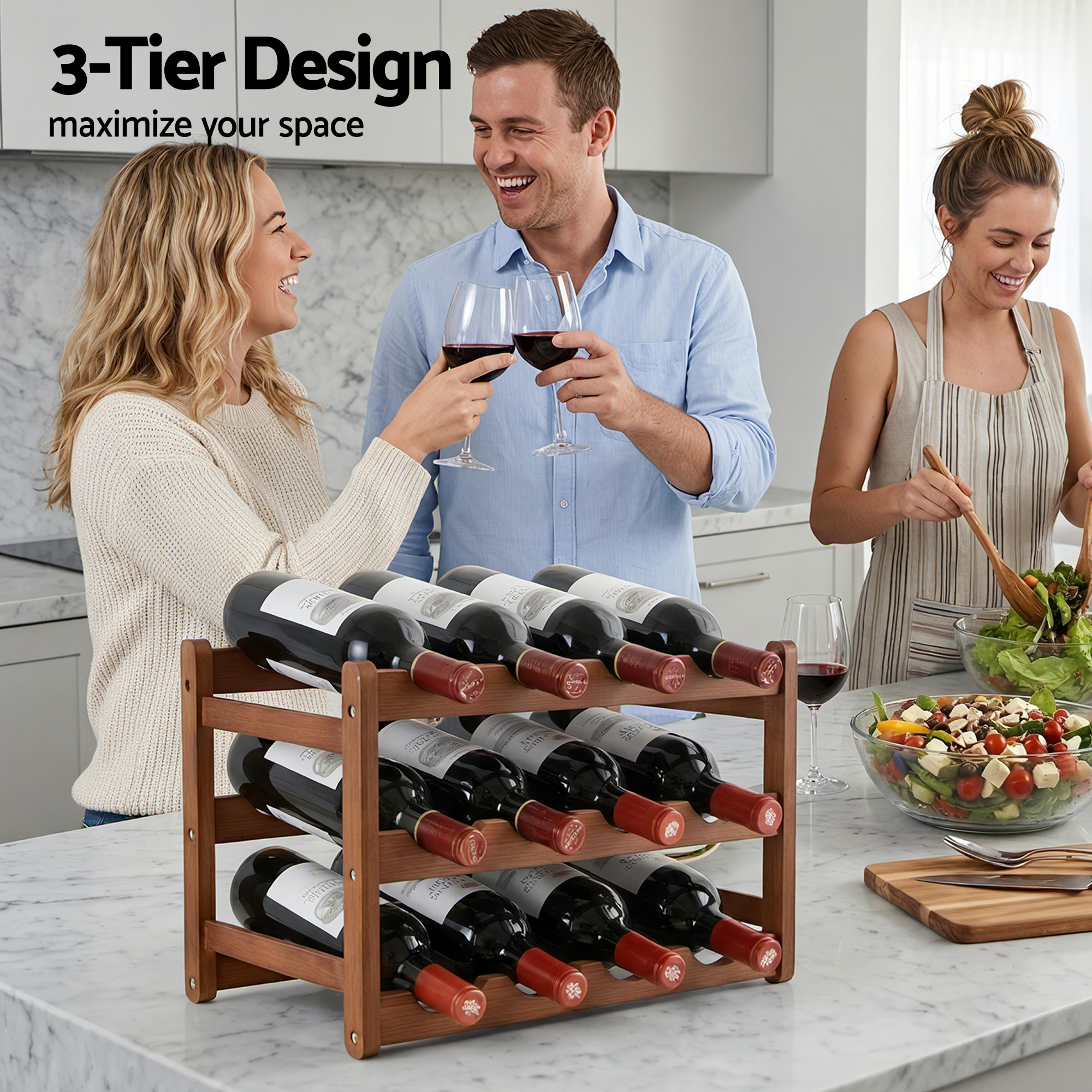 Artiss Bamboo Wine Rack 3-Tier Display Storage Organizer 12 Bottle Walnut โ image 4