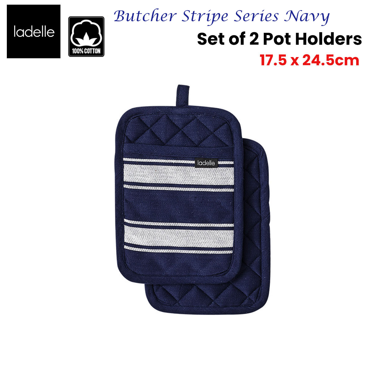 Ladelle Butcher Stripe Series Navy Set of 2 Pot Holders 17.5 x 24.5cm โ image 2