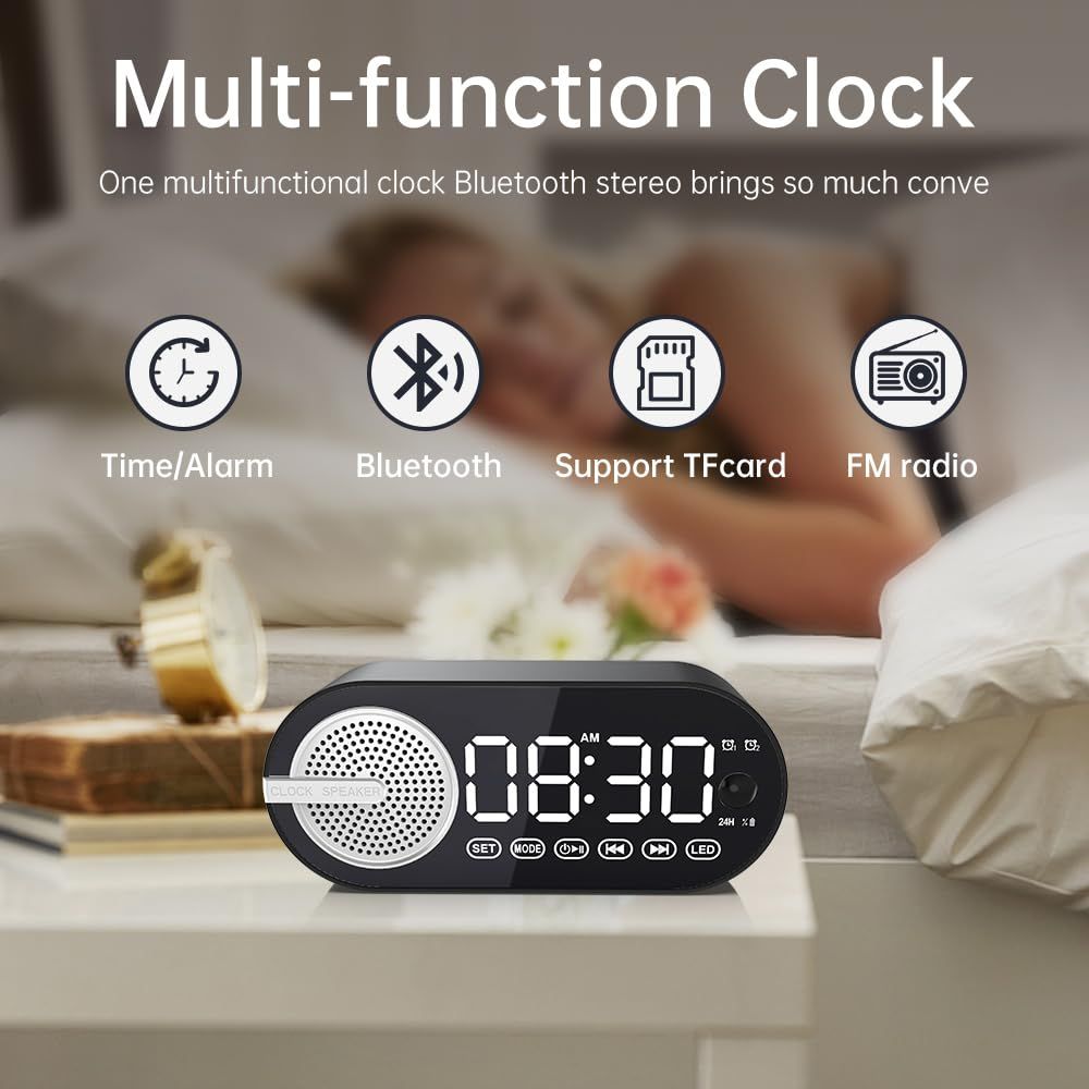 Digital Alarm Clock with Bluetooth Speaker, Dual Alarm Clock for Bedroom Heavy Sleeper Wireless Speaker (Black) — image 3