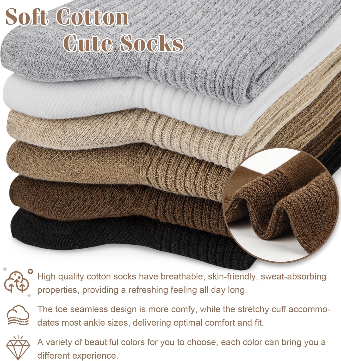 Women's Cotton Crew Socks 6 Pairs, Long Cute Aesthetic Neutral Athletic Boot Socks for Women Stocking Stuffers Gifts โ image 4