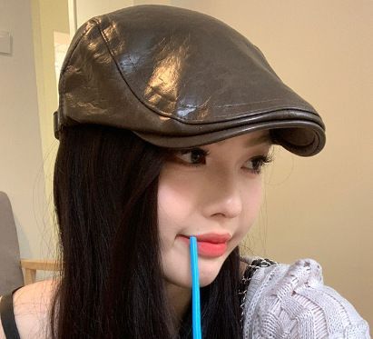 Vintage PU Leather Newsboy Hat, Adjustable 56‑58cm, Christmas & Halloween Retro Styling Accessory, Elegant Street‑wear Cap, Women Holiday Present