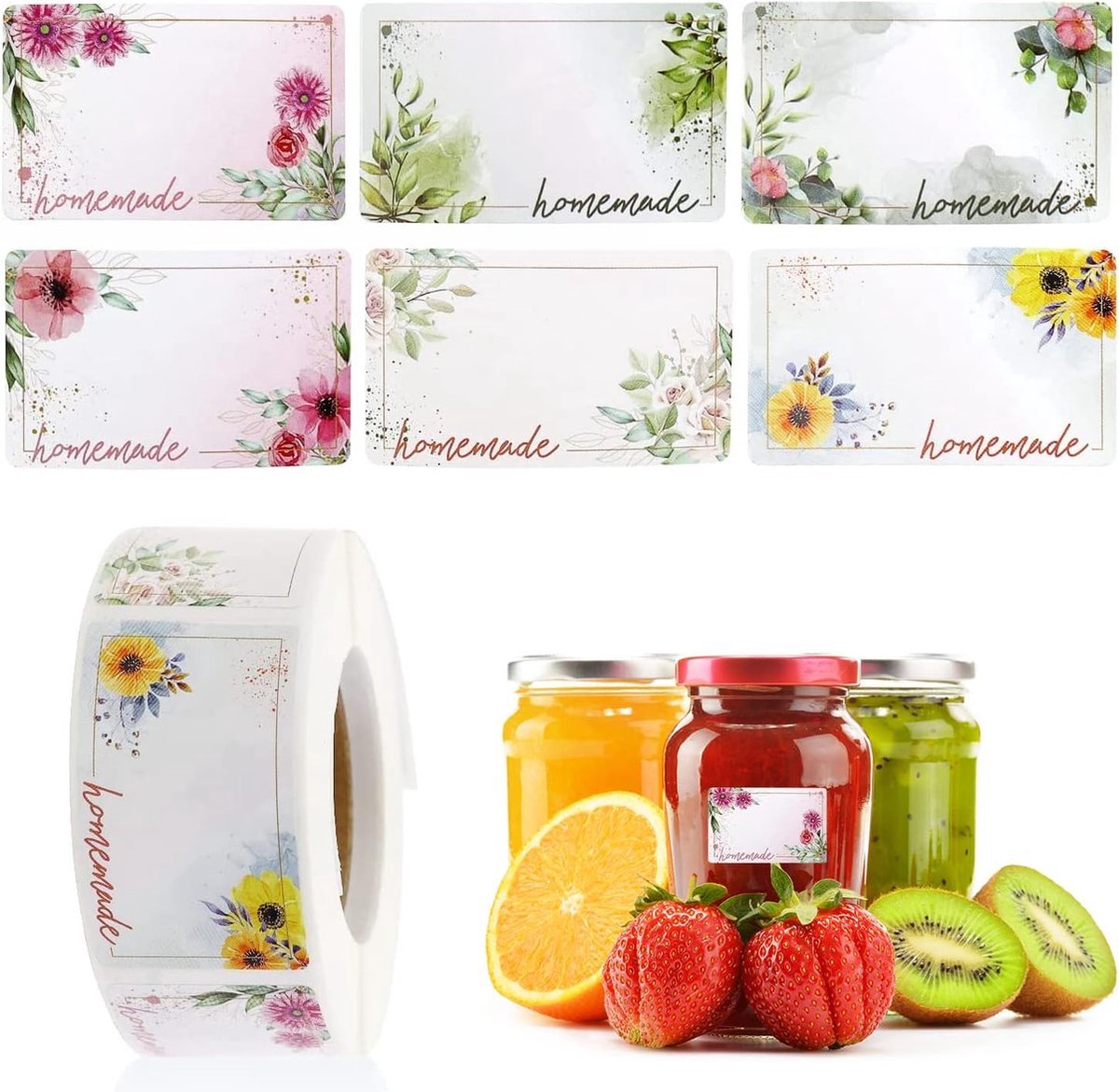 500 Pieces Jam Labels - Self-Adhesive Label - Flower Rectangular Jar Sticker Labels - For Freezer and Refrigerator - Labels - For Containers - Shelf Life