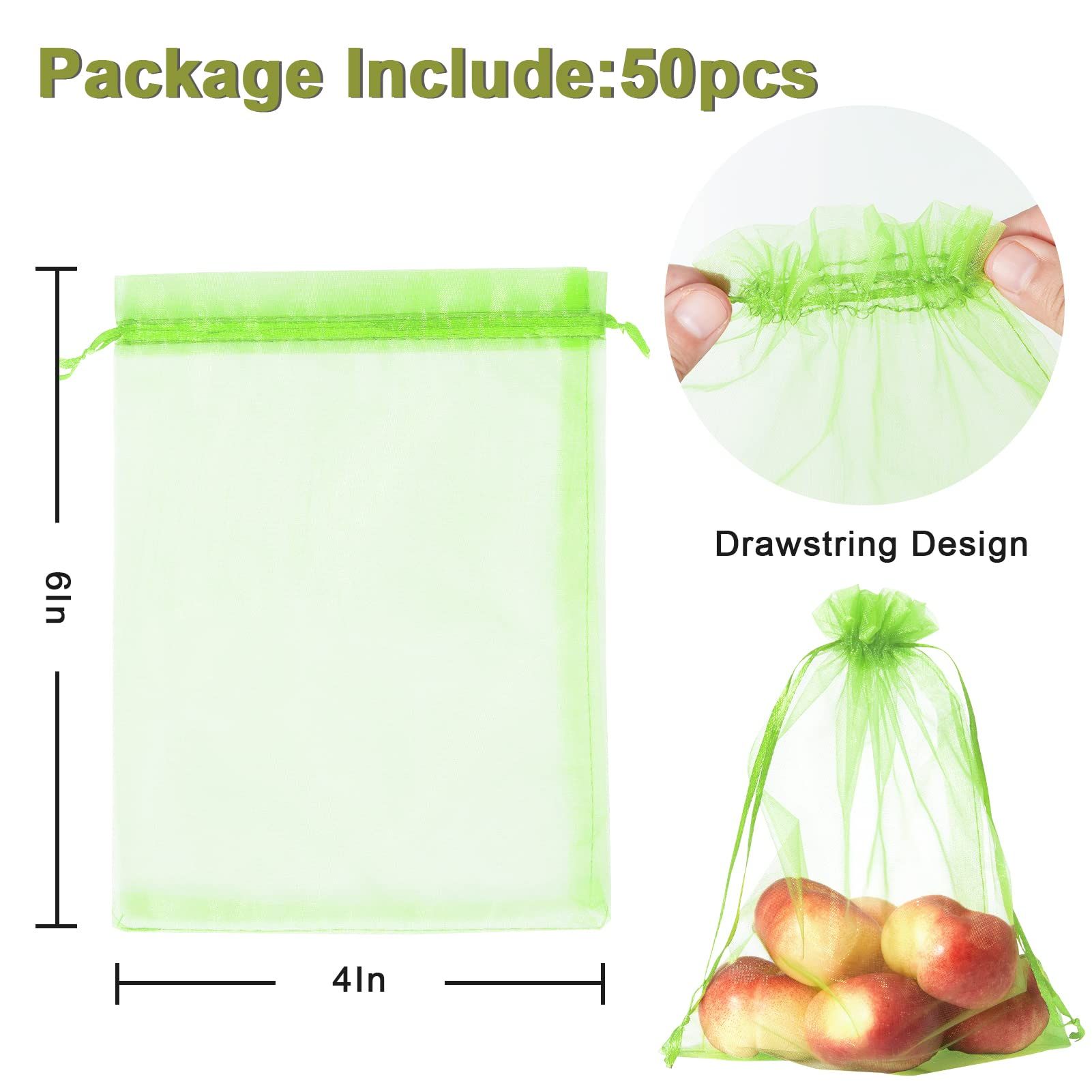 50pcs Green Fruit Protection Bags Fruit Cover Mesh Bag with Drawstring, Protecting Vegetables and Fruits from Birds and Pests โ image 2