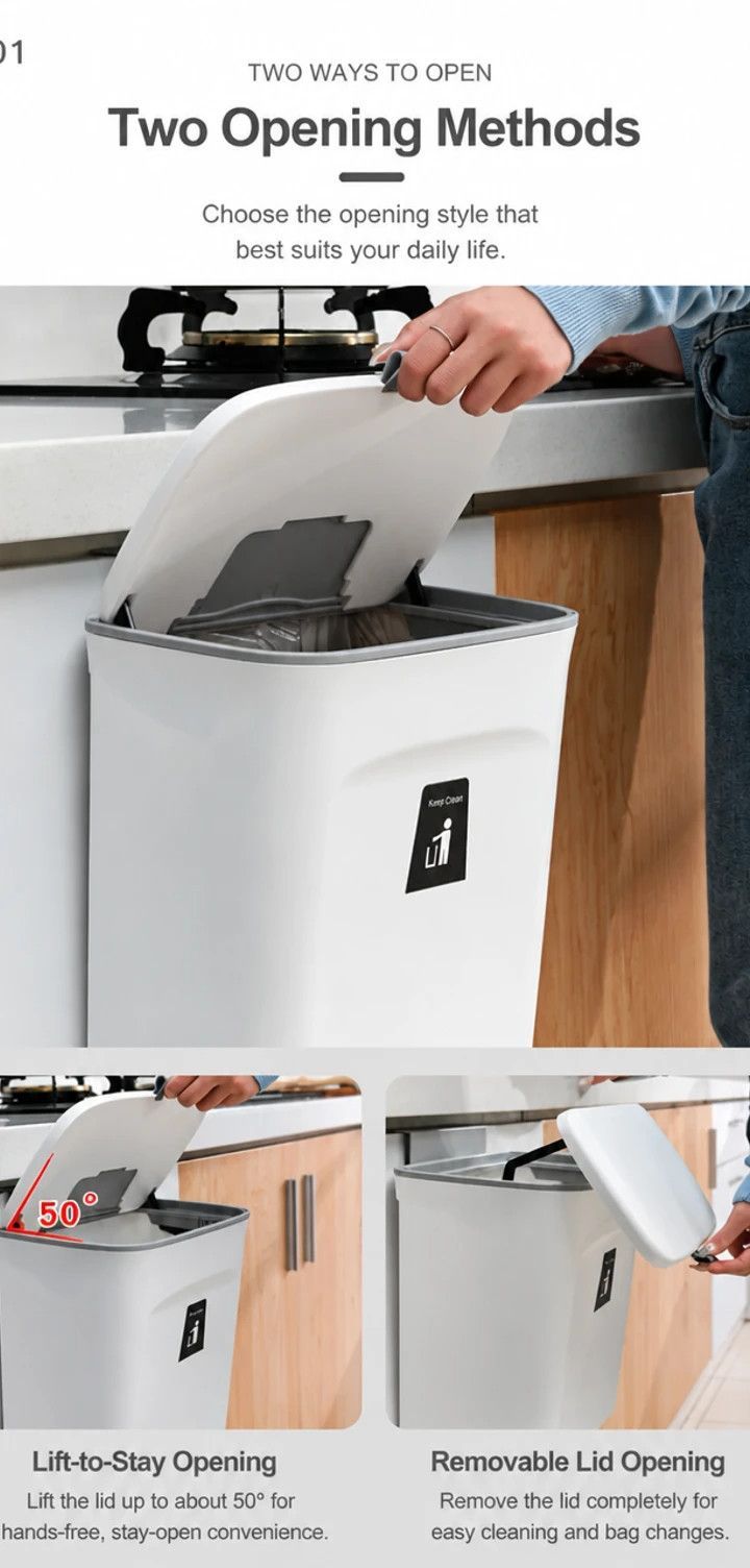 Cabinet Door Hanging Trash Can With Lid, Hook Mount Waste Bin, 9L, Cream, Creative Garbage Container For Kitchen & Washroom, Nice Kitchen Upgrade Gift — image 2