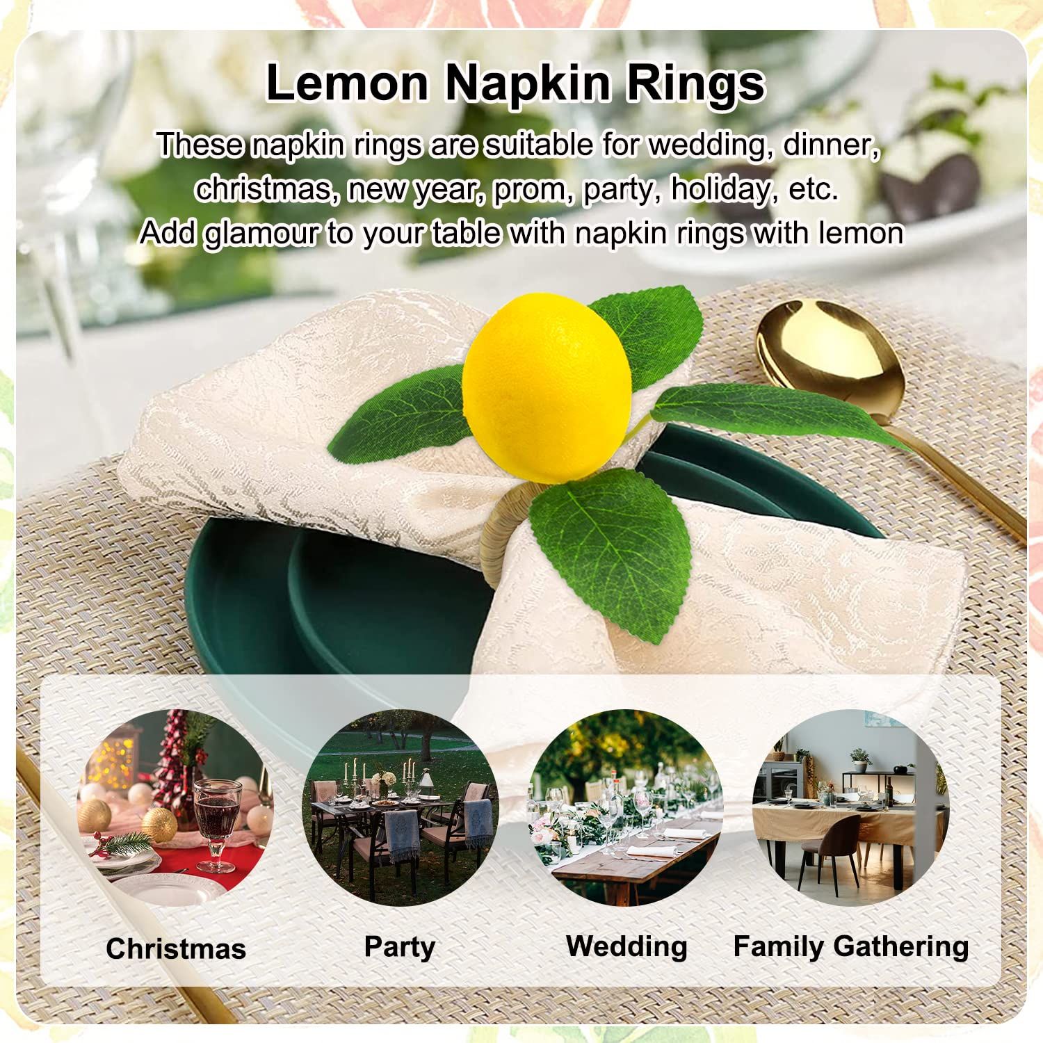 Lemon Napkin Rings Set of 6, Faux Lemon Summer Farmhouse Napkin Ring Holder for Dining Table Decor Banquet Wedding Birthday — image 5