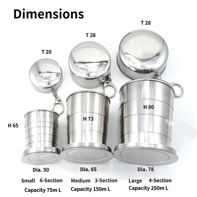 3-Capacity Gold Stainless Steel Collapsible Travel Cup Set(75ml + 150ml + 250ml) - Compact Telescopic Drinking Cup with Keychain & Dust-Proof Lid for Outdoor β image 2