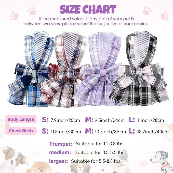 pet products Dog Dress Bowknot Harness Leash Set for Small Dogs Girl Cute Plaid Dog Dress Pearls Bow Tie Spring Summer Princess Clothes Birthday Holiday Doggie — image 6