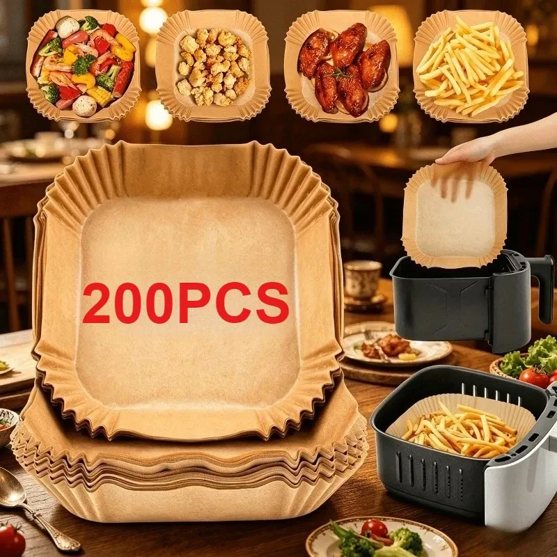 200-Pack Square Air Fryer Parchment Liners, food-grade thickened non-stick & oil-proof, disposable & no scrubbing, pleated spill-proof design, fits oven &