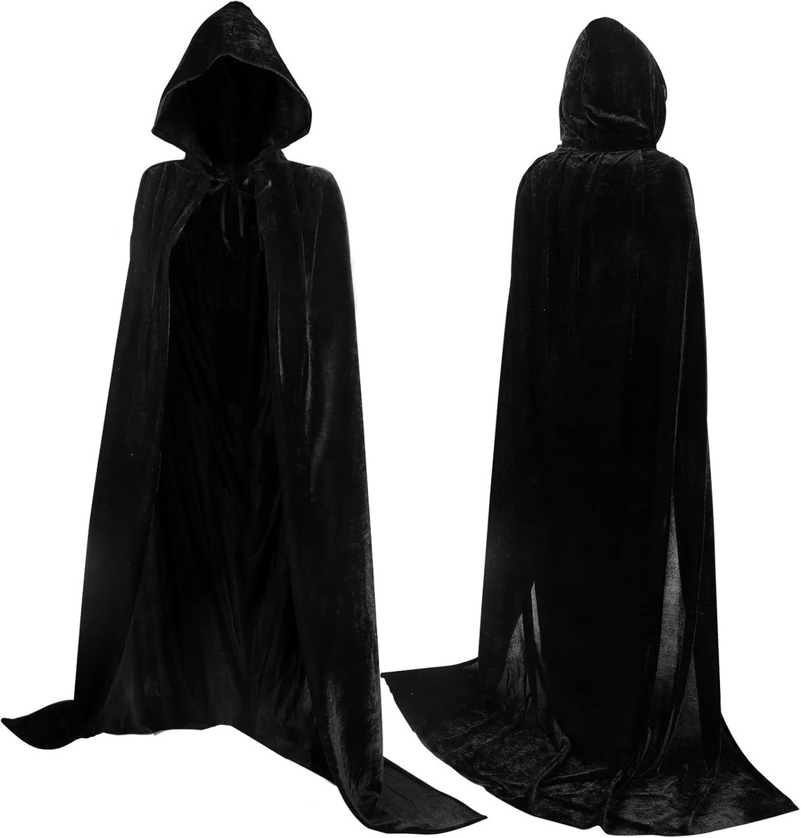 Luxury Black Hooded Coat - 170cm / XXL - Carnival Halloween Costume - Black Velour Coat - Hat - Adults - Dress Up - Costume Cape - Gothic - Fantasy - Halloween