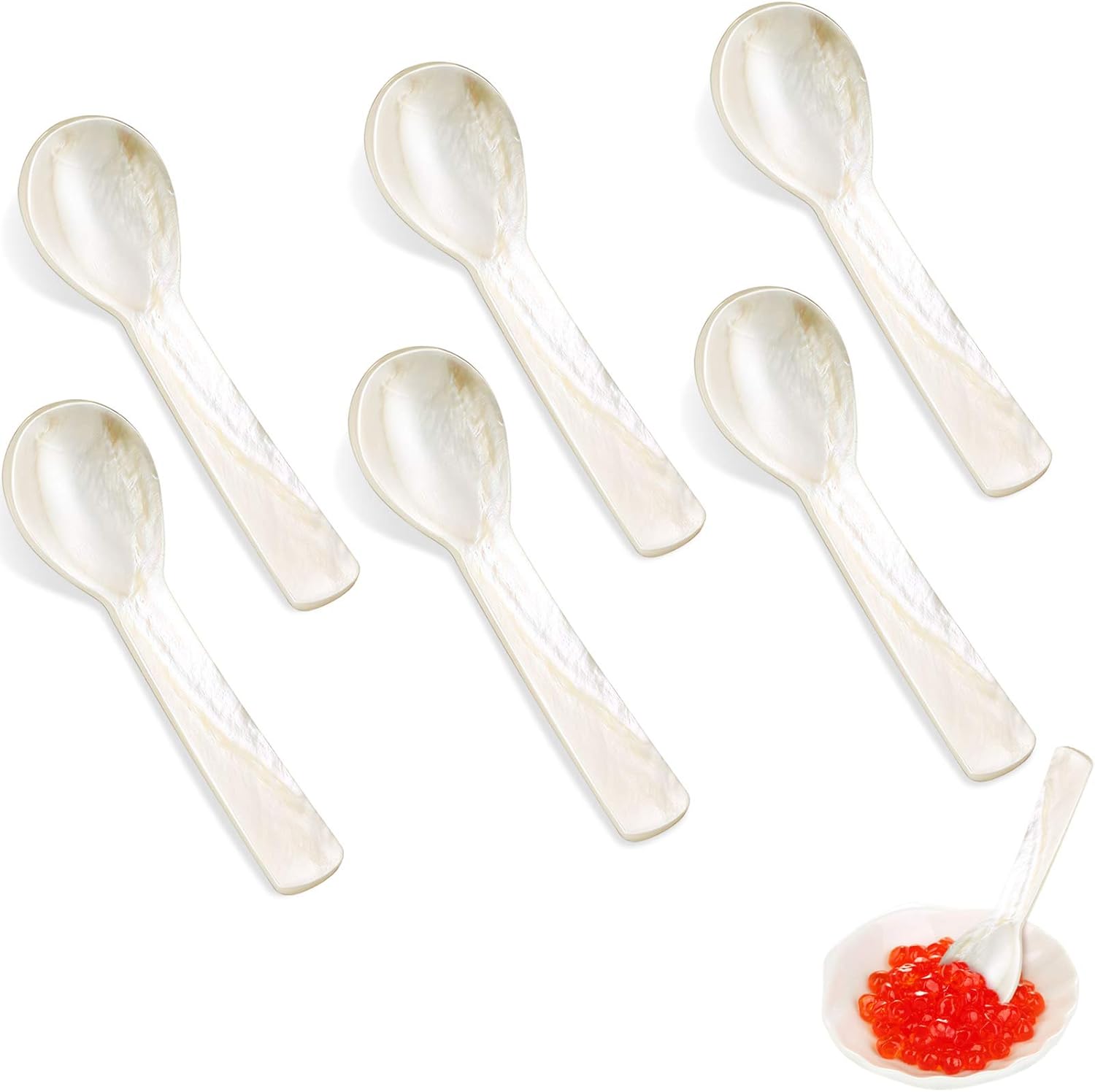 Caviar Spoons Mother of Pearl Mop Spoons with Hand Craft W Round Handle for Caviar, Egg, Ice Cream, Salt, Coffee Serving, Restaurant Serving Set(6 Pieces,3.55