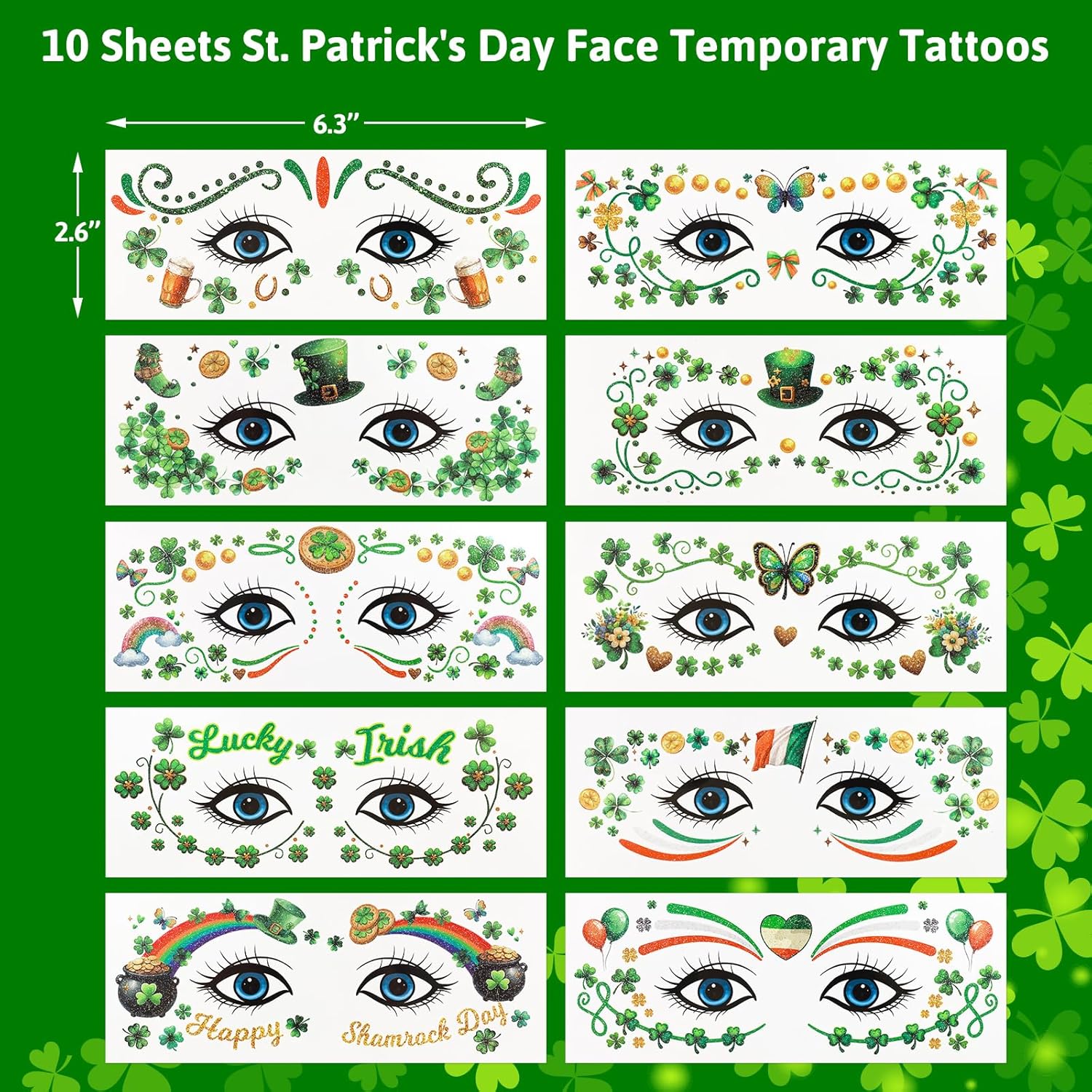 Ceiba Tree St. Patrick's Day Face Stickers Temporary Tattoos 10 Sheets Saint Patrick's Day Irish Shamrock Clover Make up Accessories for Women Kids Party