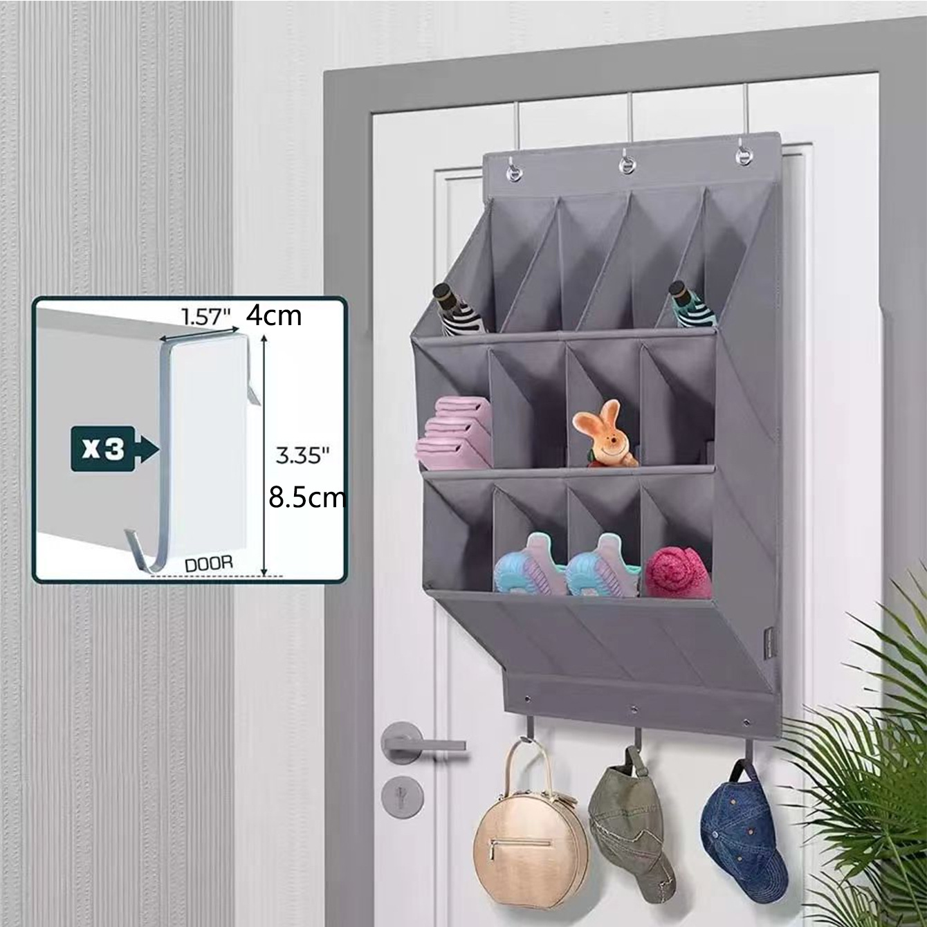 Wall-mounted shoe hat rack with hooks, black, multi-functional storage for door hanging — image 4