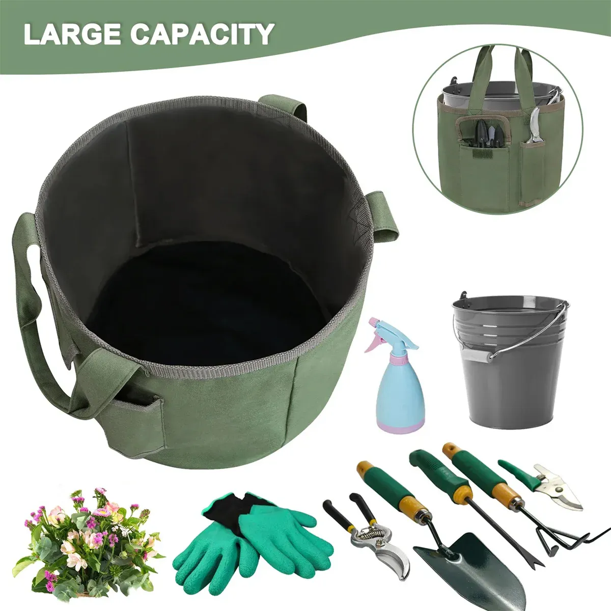 Waterproof Green Canvas Tool Storage Bag Portable Garden Bucket Organizer Use โ image 4