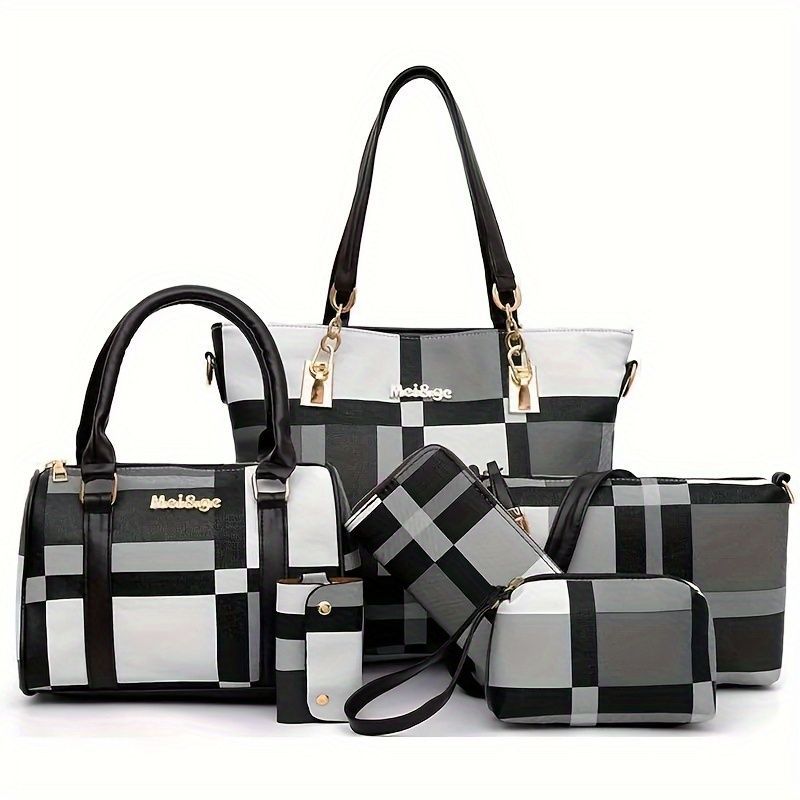 Women'S Bag Set Six Piece Bag Set Checkered Bag Large Capacity Bag Korean Style - Brown - Size 30-27-13 — image 3