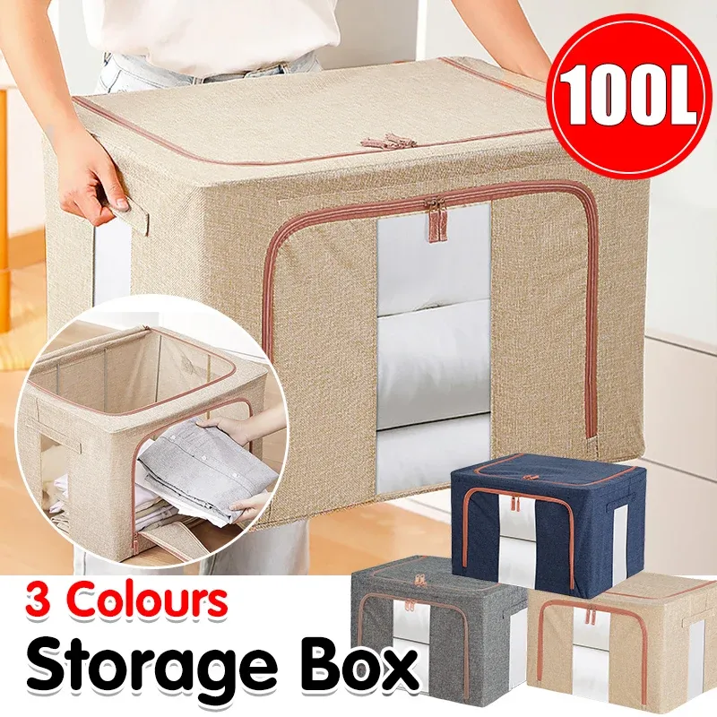 100L Foldable Storage Box Crushed Steel Frame Clothes Quilt Toys Organizer - 100L-Grey — image 2