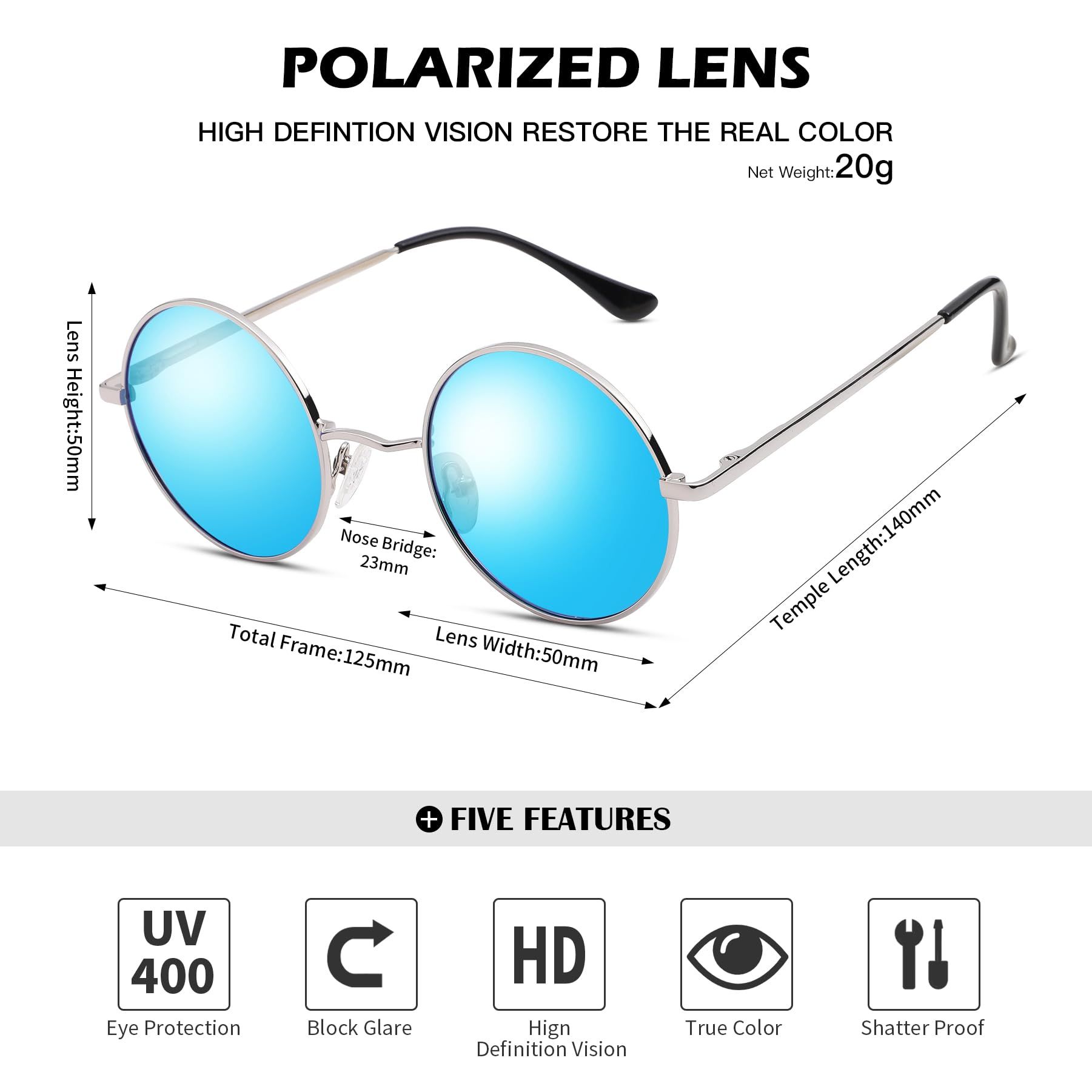 Round Polarized Sunglasses Men Women,Retro Metal Hippie Shades with UV Protection ULTRALIGHT & COMFORTABLE WEARING — image 4