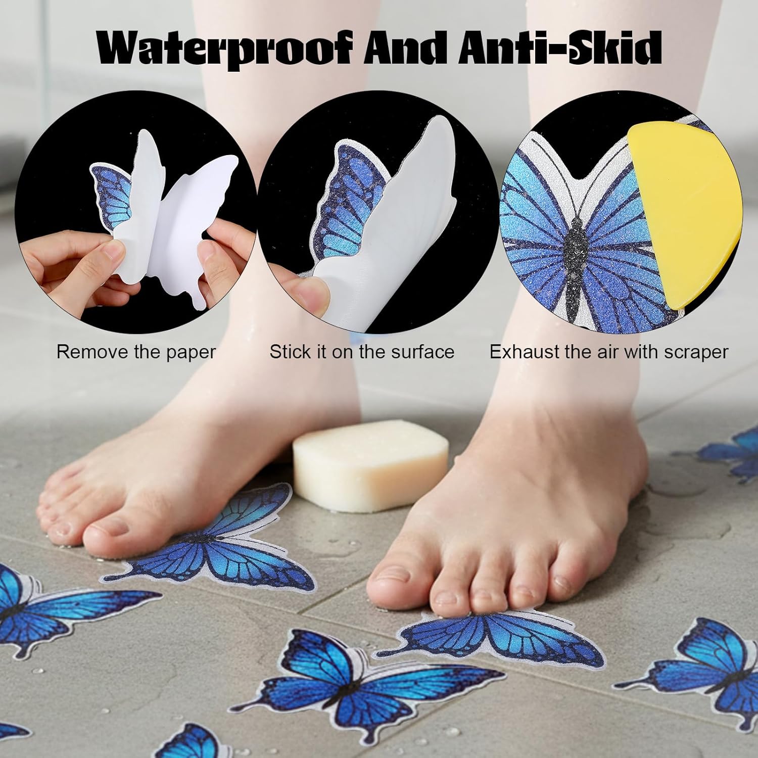 20 PCS Butterfly Non Slip Bathtub Stickers, Adhesive Anti Slip Decal Treads for Shower & Bath Tub with Scraper for Safety Bathroom Tubs, Shower Floor — image 2