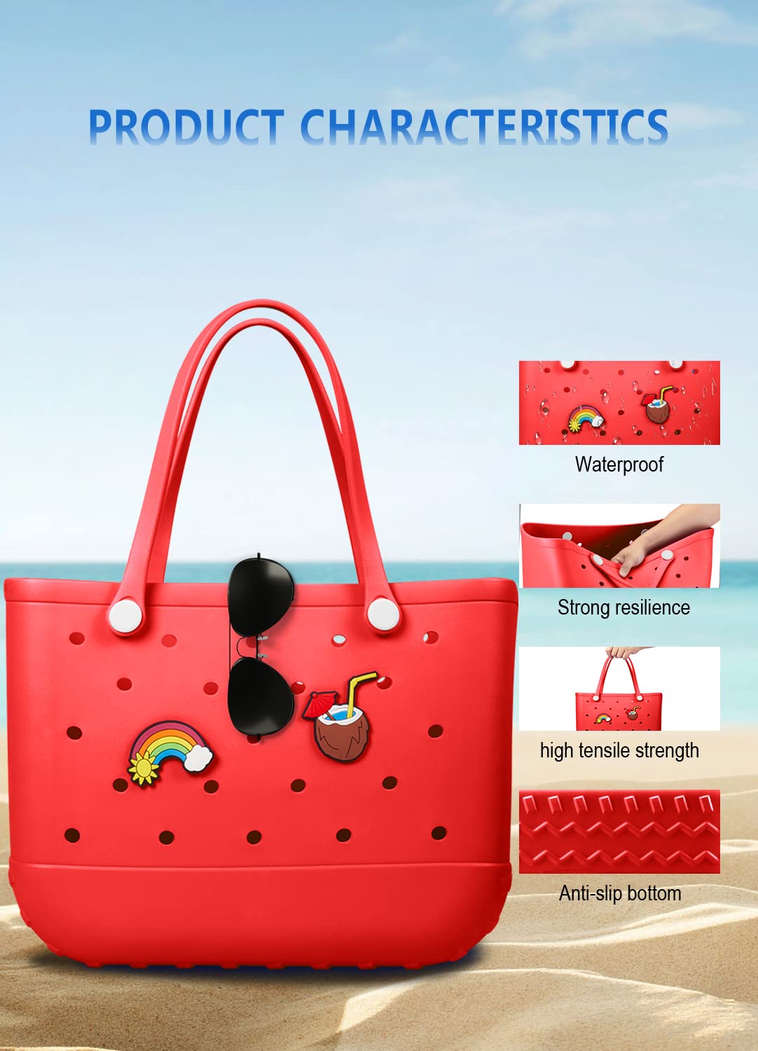 EVA Beach Tote Bag for Swimming, Pool & Travel – Waterproof Washable Rubber Handbag with 2 Random Charms, Lightweight & Sand-Resistant (Red) | Other Colors — image 5