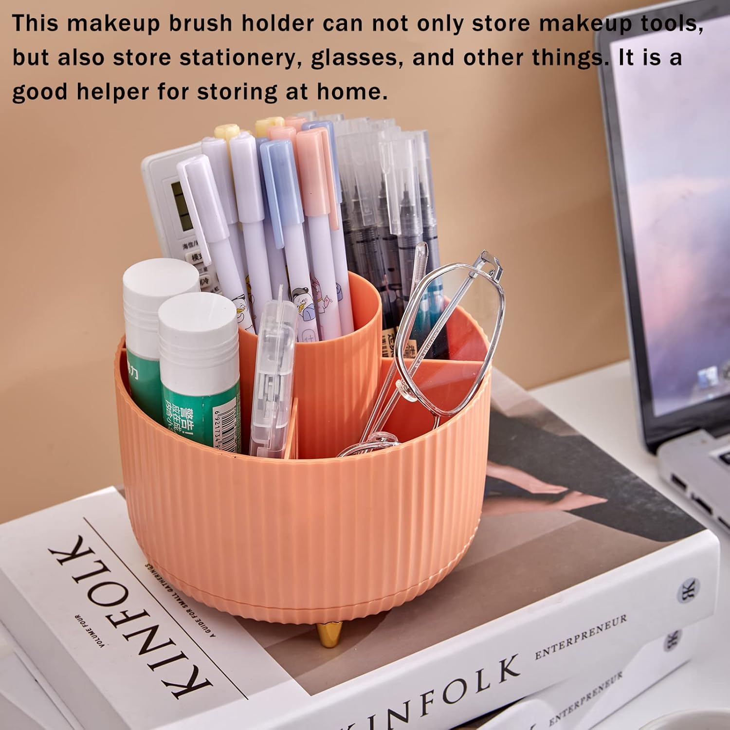 Makeup Brush Holder Organizer,360° Rotating Make up Organizer Storage,5 Slot Makeup Brushes Cup,for Vanity Decor,Bathroom Countertops,Desk Storage — image 5