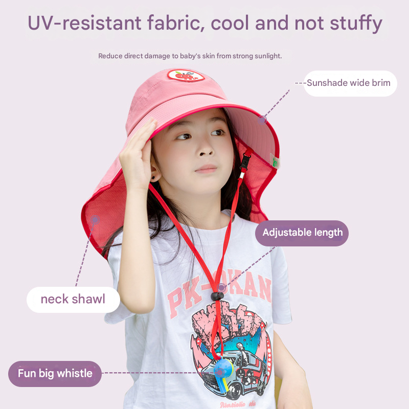 Red Kids UV Protection Sun Hat - Breathable Wide Brim Bucket Hat with Neck Flap for Summer Beach & Outdoor Play โ image 3