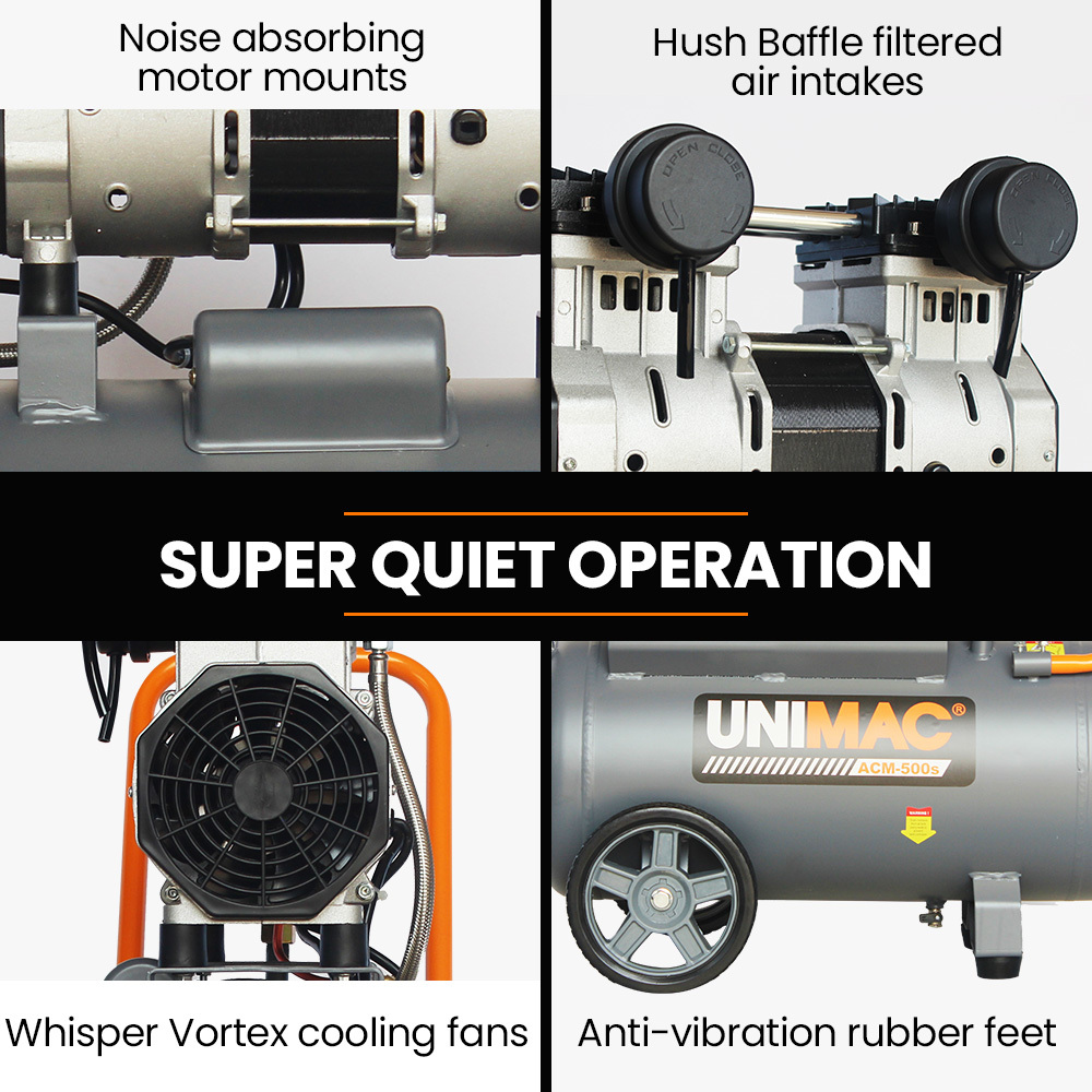 UNIMAC 40L 2.0HP Silent Oil-Free Electric Air Compressor, Portable, Twin Nitto Outlets — image 3