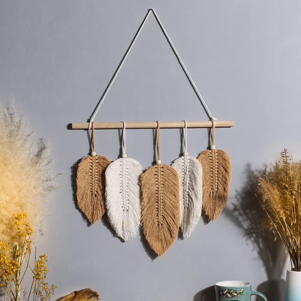 Wall Hanging Leaves Chic Woven Leaf Tassels Decoration Cotton Ornaments Tapestry Room Decor Modern Bohemian Handmade Feather Wall Art Decorations(Yellow and — image 2