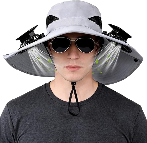 Solar-Powered Dual-Fan Sun Hat – UPF 50+ Wide-Brim Outdoor Hat with 2 USB/Solar Rechargeable Fans, Adjustable Strap, Breathable Mesh, for Fishing, Hiking