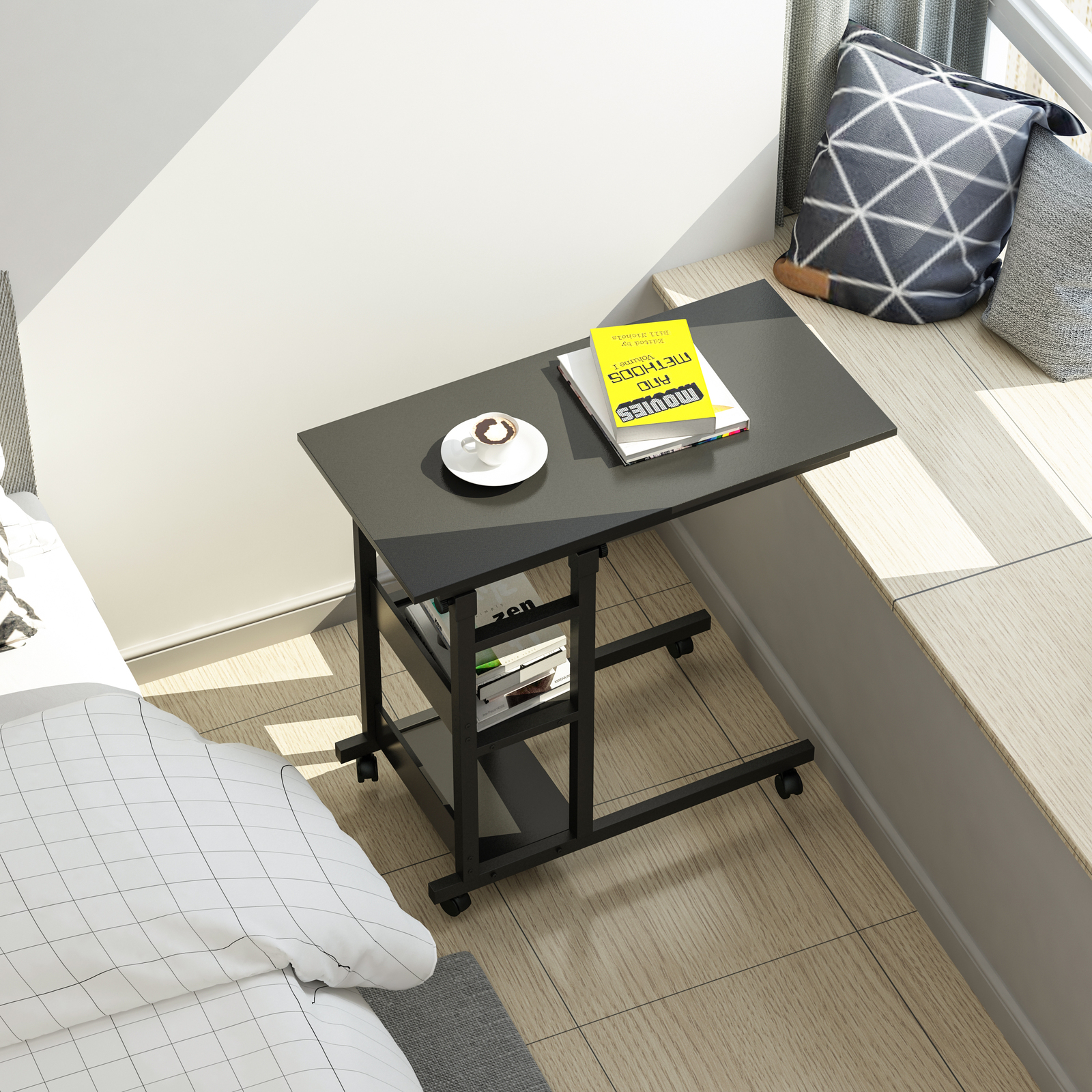 YES4HOMES Side Table with Storage Shelves, Height Adjustable Sofa Couch Coffee End Table Bedside Table Laptop Desk with Wheels โ image 4