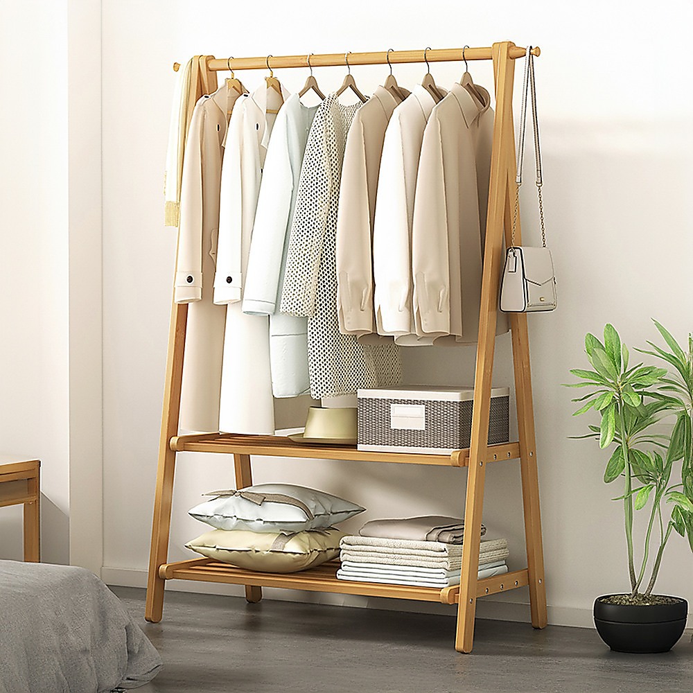 Portable Clothes Rack Coat Garment Stand Bamboo Rail Hanger Airer Closet — image 6