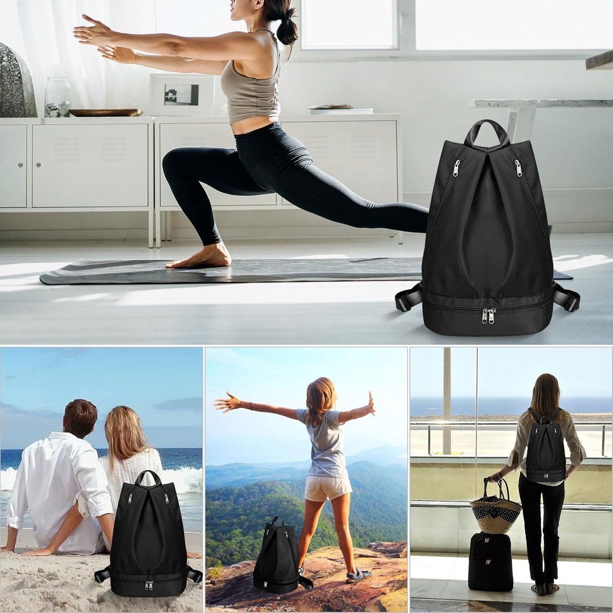 Women Swim Gym Backpack With Wet Dry Separation Shoe Compartment Foldable Nylon Sports Bag With Adjustable Straps, Black โ image 3