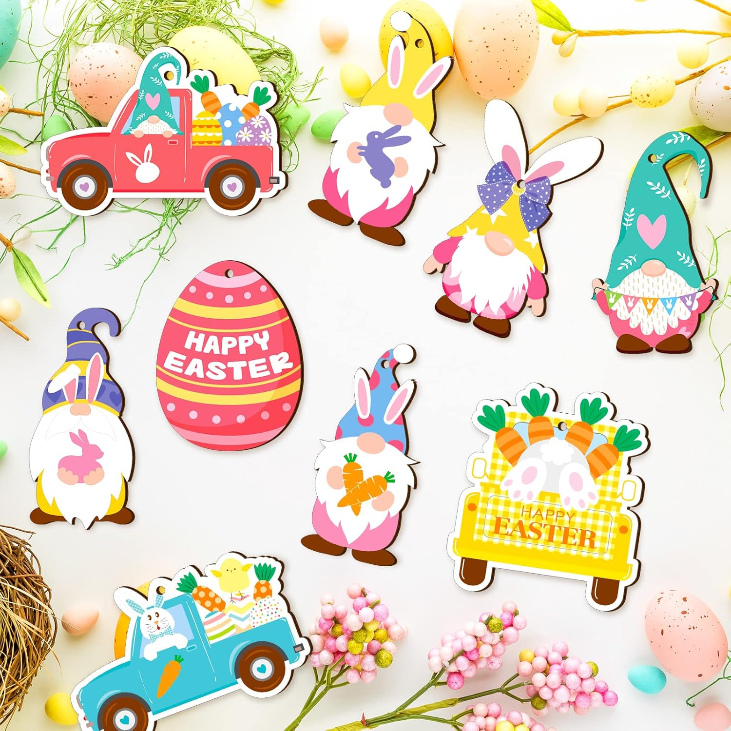 Glenmal 36 Pcs Happy Easter Ornaments for Tree Easter Wooden Hanging Ornaments Egg Bunny Tree Decorations Spring Gnome Chick Wood Slices Pendant with Rope for — image 2